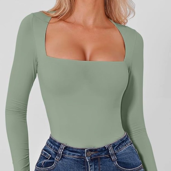Qinsen Square Neck Long Sleeve Bodysuit | Smoke Green | NWOT - Picture 4 of 7